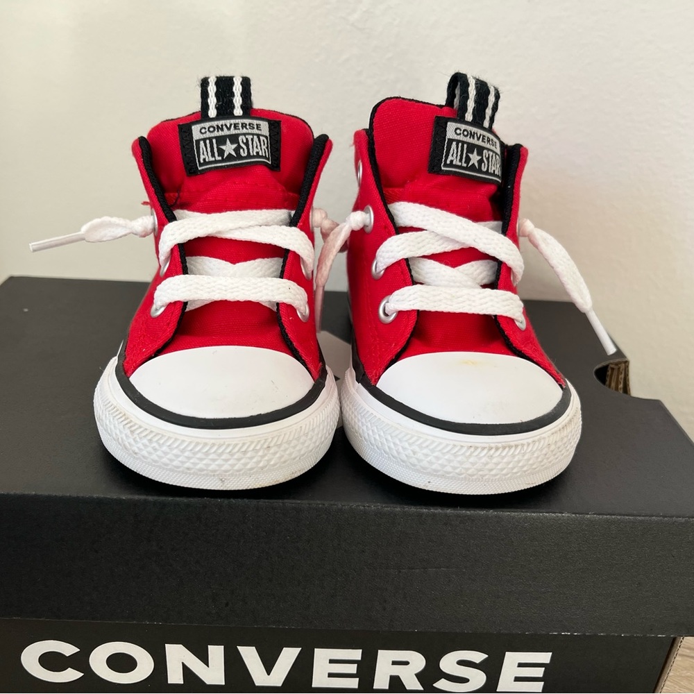 Lightly worn, red/black/white mid high-top converse-sneaker, infant US 5.
